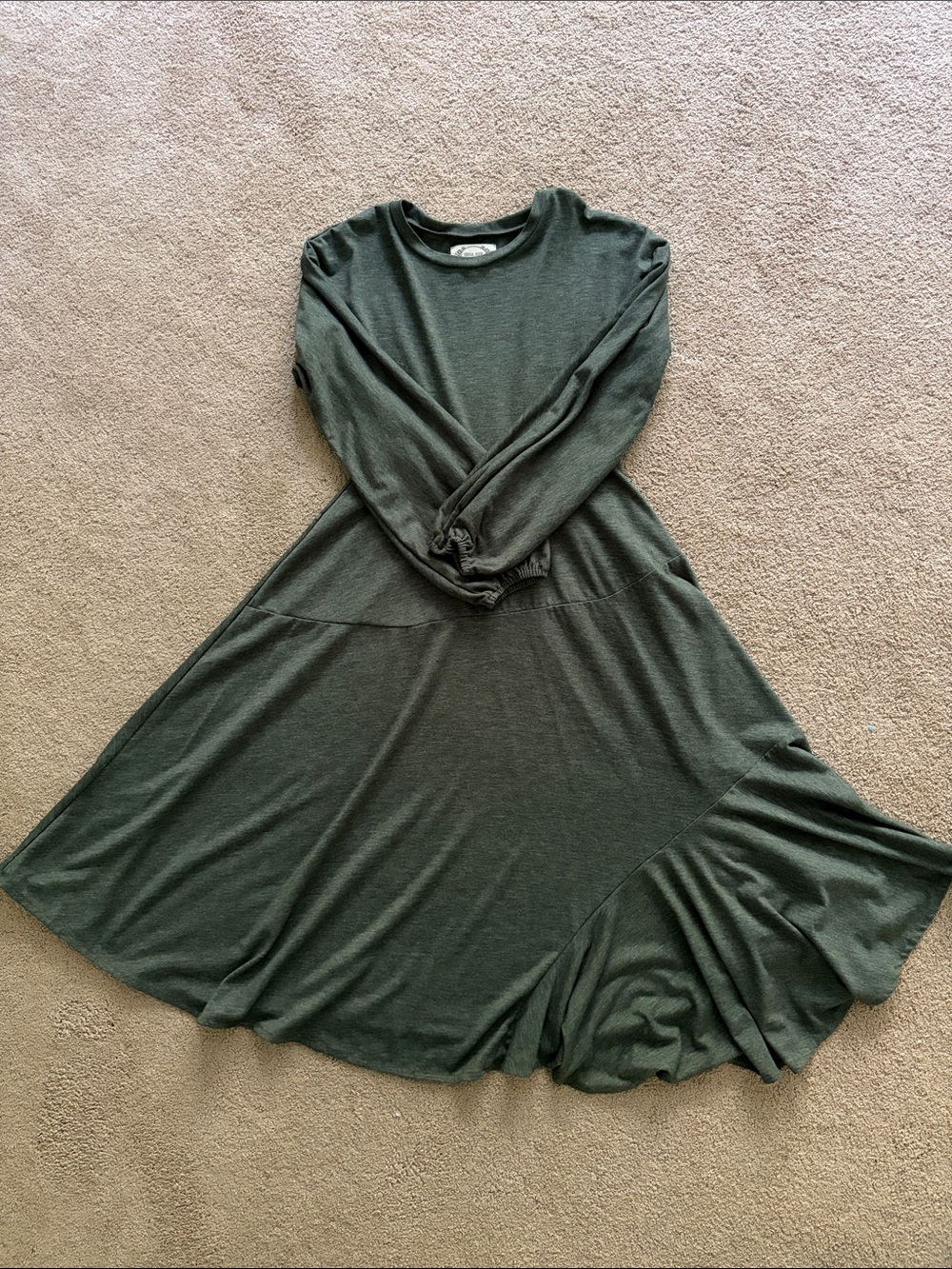 Girls' Long Sleeve Flared Dress in Olive Green
